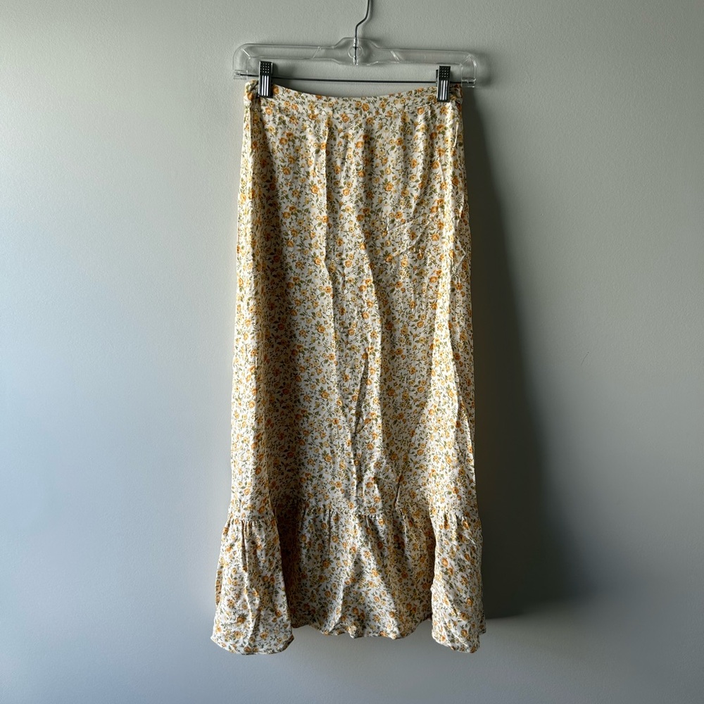 Reformation yellow floral printed midi/maxi skirt